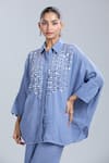 Shop_Dhruv Kapoor_Blue Sequins Collared Crystal Grid Long Shirt And Pant Set _Online_at_Aza_Fashions