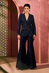 Buy_Aneesh Agarwaal_Navy Net, Silk Beads Blue Sequin Blazer And Sharara Set _at_Aza_Fashions