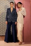 Shop_Aneesh Agarwaal_Navy Net, Silk Beads Blue Sequin Blazer And Sharara Set _Online_at_Aza_Fashions