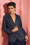 Aneesh Agarwaal_Navy Net, Silk Beads Blue Sequin Blazer And Sharara Set _at_Aza_Fashions
