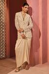 Buy_Aneesh Agarwaal_Ivory Silk, Crepe, Net Beads, Embroidery Notched Neck Jacket And Draped Skirt _at_Aza_Fashions