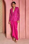 Buy_Aneesh Agarwaal_Pink Net, Silk, Crepe V-neck Embroidered Jacket And Draped Skirt _at_Aza_Fashions