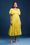 Buy Naintara Bajaj Yellow Cotton Embroidery Square Neck Tiered Dress Online at Aza Fashions Buy_Naintara Bajaj_Yellow Cotton Embroidery Square Neck Tiered Dress _Online_at_Aza_Fashions