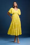 Shop Naintara Bajaj Yellow Cotton Embroidery Square Neck Tiered Dress Online at Aza Fashions Shop_Naintara Bajaj_Yellow Cotton Embroidery Square Neck Tiered Dress _Online_at_Aza_Fashions