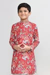 Petite Pomme_Red Cotton, Silk Printed Kurta And White Pant Set _at_Aza_Fashions