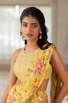 Buy_Paulmi And Harsh_Yellow Georgette, Silk Embroidery, Sequins Round Floral Pre-draped Saree Set 
