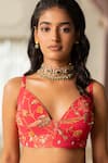 Shop_Paulmi And Harsh_Pink Georgette, Organza Embroidery V-neck Floral Print Lehenga Set _Online_at_Aza_Fashions