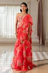 Buy_Paulmi And Harsh_Pink Georgette, Silk Sequins, Floral Print Pre-draped Saree With Blouse _at_Aza_Fashions