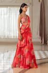 Paulmi And Harsh_Pink Georgette, Silk Sequins, Floral Print Pre-draped Saree With Blouse _at_Aza_Fashions
