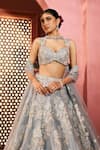 Aneesh Agarwaal_Blue Silk Organza, Net Embroidery, Sequins Light Designer Lehenga Set _at_Aza_Fashions