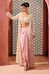Buy_Aneesh Agarwaal_Pink Net, Silk, Crepe Embroidery Open Neck, Sweetheart Jacket And Draped Skirt Set _Online_at_Aza_Fashions
