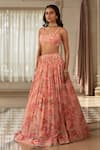 Paulmi And Harsh_Pink Georgette, Organza Sequins Round Neck Floral Lehenga Set _Online_at_Aza_Fashions