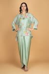Buy_Tanu Malhotra_Green Cotton, Silk, Modal Embroidery Round Floral Print Top And Draped Skirt _at_Aza_Fashions