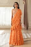 Buy_Paulmi And Harsh_Orange Georgette Embroidery V-neck Pre-draped Saree Set _at_Aza_Fashions