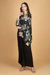 Tanu Malhotra_Black Cotton, Silk, Modal Embroidery Round Neck Floral Print Top And Skirt _Online_at_Aza_Fashions