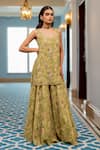 Buy_Paulmi And Harsh_Green Georgette, Shantoon Embroidery V-neck Floral Printed Kurta Sharara Set _at_Aza_Fashions