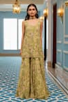 Buy_Paulmi And Harsh_Green Georgette, Shantoon Embroidery V-neck Floral Printed Kurta Sharara Set _Online_at_Aza_Fashions