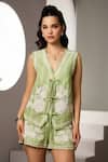 Buy_Label Deepika Nagpal_Green Cotton, Linen Embroidery V-neck Montauk Shorts Co-ord Set _Online_at_Aza_Fashions