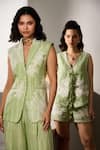 Label Deepika Nagpal_Green Cotton, Linen Embroidery V-neck Montauk Shorts Co-ord Set _at_Aza_Fashions