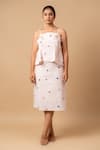 Doodlage_Pink Linen Embroidery Square Neck Top And Skirt Set _at_Aza_Fashions