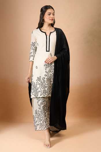 Shop_Samyukta Singhania_Off White Cotton Embroidery Split V-neck Kurta Pant Set _Online_at_Aza_Fashions
