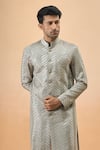 Arihant Rai Sinha_Gray Rayon, Silk Embroidery Grey Thread Sherwani And Pant Set _Online_at_Aza_Fashions