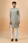 Buy_Arihant Rai Sinha_Gray Rayon, Silk Embroidery Grey Thread Sherwani And Pant Set _Online_at_Aza_Fashions