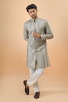 Arihant Rai Sinha_Gray Rayon, Silk Embroidery Grey Thread Sherwani And Pant Set _at_Aza_Fashions