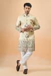 Arihant Rai Sinha_Beige Silk Embroidery Thread Sherwani Set _at_Aza_Fashions