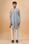 Arihant Rai Sinha_Gray Rayon, Silk Embroidery Grey And Blue Thread Sherwani Set _Online_at_Aza_Fashions