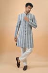 Buy_Arihant Rai Sinha_Gray Rayon, Silk Embroidery Grey And Blue Thread Sherwani Set _Online_at_Aza_Fashions
