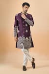 Arihant Rai Sinha_Wine Silk Embroidery Sherwani And White Pant Set _at_Aza_Fashions