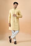 Arihant Rai Sinha_Yellow Jacquard, Silk Sherwani And White Pant _Online_at_Aza_Fashions