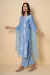 Shop_Kameez_Blue Chanderi, Cotton, Organza Embroidery V-neck Moonlit Suit Set _Online_at_Aza_Fashions