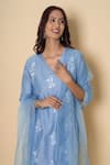 Kameez_Blue Chanderi, Cotton, Organza Embroidery V-neck Moonlit Suit Set _at_Aza_Fashions