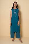 Buy_Kameez_Teal Cotton, Chanderi Embroidery Round , Open Ocean Dew Kurta Set _Online_at_Aza_Fashions