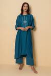 Shop_Kameez_Teal Cotton, Chanderi Embroidery Round , Open Ocean Dew Kurta Set _Online_at_Aza_Fashions