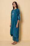 Kameez_Teal Cotton, Chanderi Embroidery Round , Open Ocean Dew Kurta Set _at_Aza_Fashions