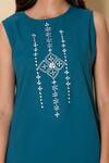 Buy_Kameez_Teal Cotton, Chanderi Embroidery Round , Open Ocean Dew Kurta Set 