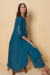 Shop_Kameez_Teal Cotton, Chanderi Embroidery Round , Open Ocean Dew Kurta Set 