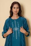Kameez_Teal Cotton, Chanderi Embroidery Round , Open Ocean Dew Kurta Set _Online