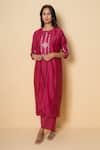 Shop_Kameez_Pink Cotton, Chanderi Embroidery Round , Open Radiant Rouge Kurta Set _Online_at_Aza_Fashions