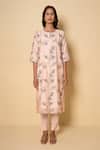 Buy_Kameez_Peach Chanderi, Cotton Embroidery Round Neck Kurta Set _at_Aza_Fashions