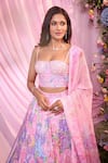Buy_Label Priyanka Kar_Pink Satin Embroidery Sweetheart Neck Floral Lehenga Set 