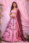 Buy_Label Priyanka Kar_Maroon Satin Embroidery Plunge Neck Floral Lehenga Set _at_Aza_Fashions
