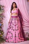 Label Priyanka Kar_Maroon Satin Embroidery Plunge Neck Floral Lehenga Set _Online_at_Aza_Fashions