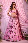 Shop_Label Priyanka Kar_Maroon Satin Embroidery Plunge Neck Floral Lehenga Set _Online_at_Aza_Fashions