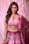 Label Priyanka Kar_Maroon Satin Embroidery Plunge Neck Floral Lehenga Set _at_Aza_Fashions