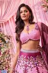 Buy_Label Priyanka Kar_Maroon Satin Embroidery Plunge Neck Floral Lehenga Set 