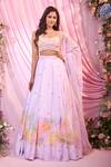 Buy_Label Priyanka Kar_Purple Satin Embroidery Round Neck Floral Hand Lehenga Set _at_Aza_Fashions